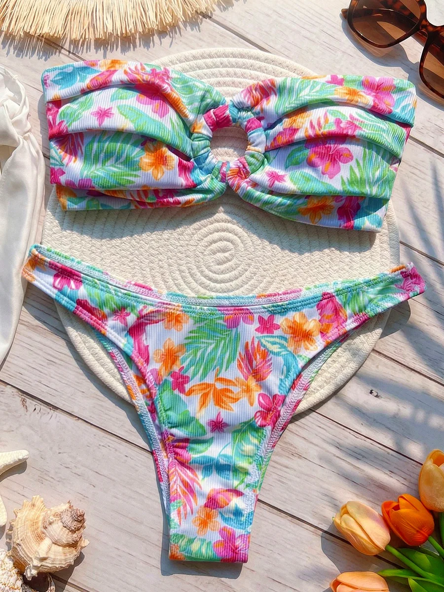 

Женский купальник-бикини с цветочным принтом и ребристой отделкой, комплект из двух частей, с высокой посадкой, для плавания