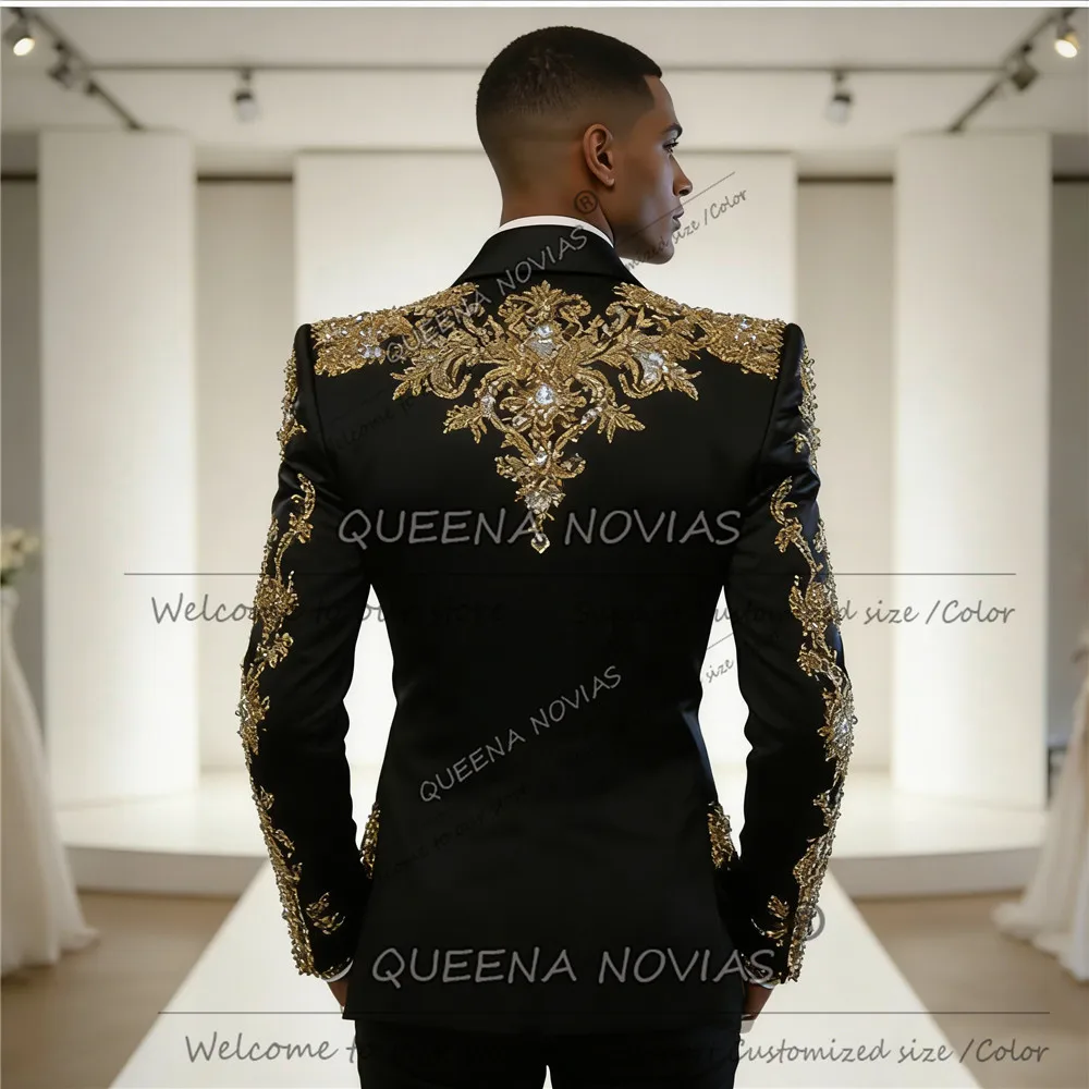 Grânulos requintados cristais noivo casamento smoking pico lapela baile de formatura blazers personalizado 2 peça conjunto terno traje banquete vestido masculino