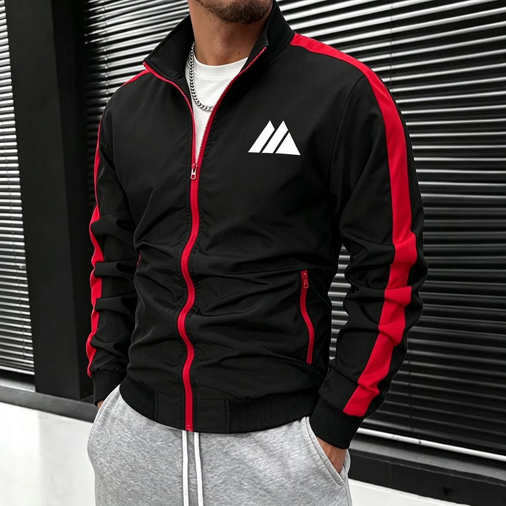 Mens Stand Collar Full Zip Track Sport Jacket Triangle Mountain Print Full Zipper & Side Stripes Casual Streetwear Running Tops
