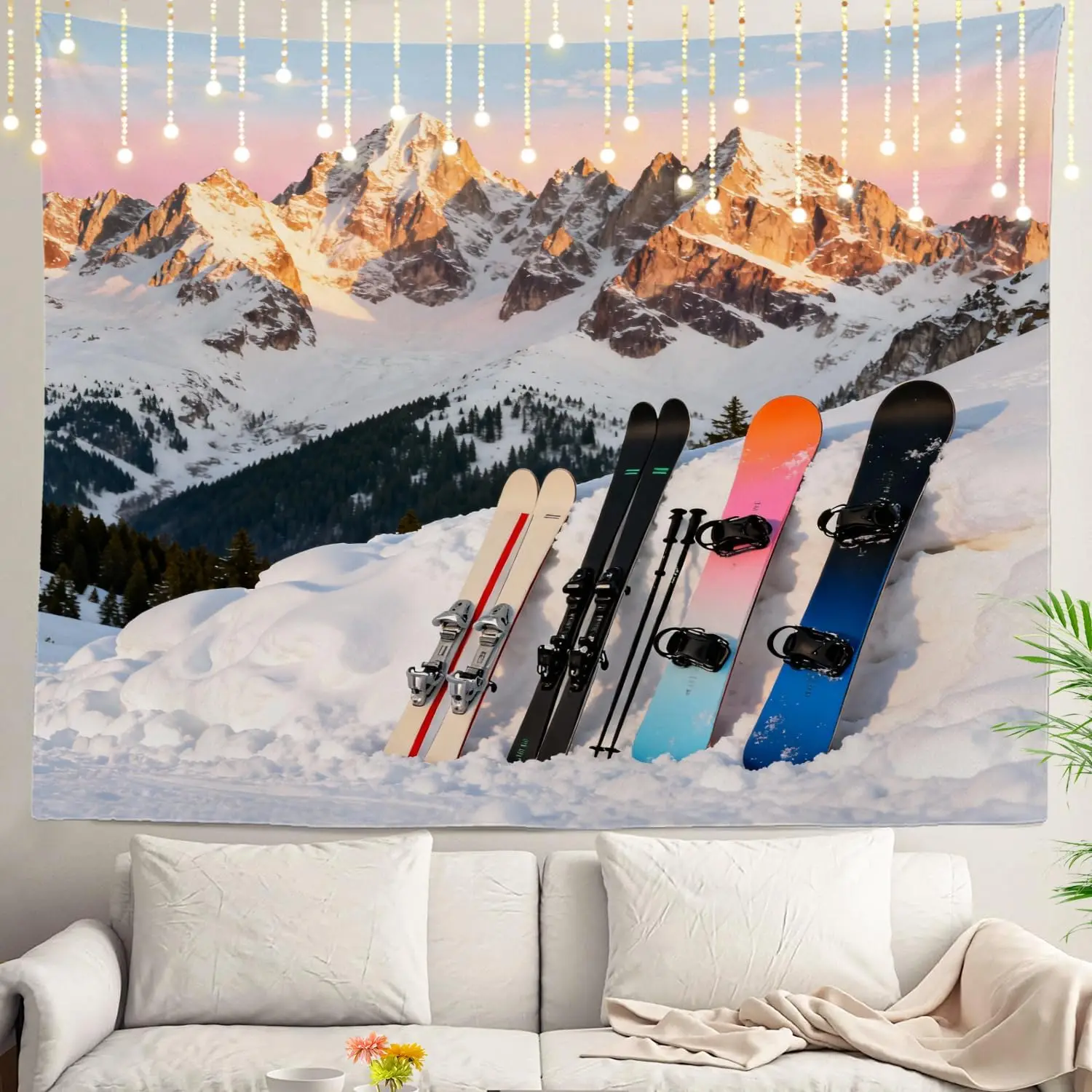 Alpine Ski Resort Tapestry, Golden Hour Snowy Mountain with Ski Equipment Wall Hanging, Perfect For Winter Sports Themed Room