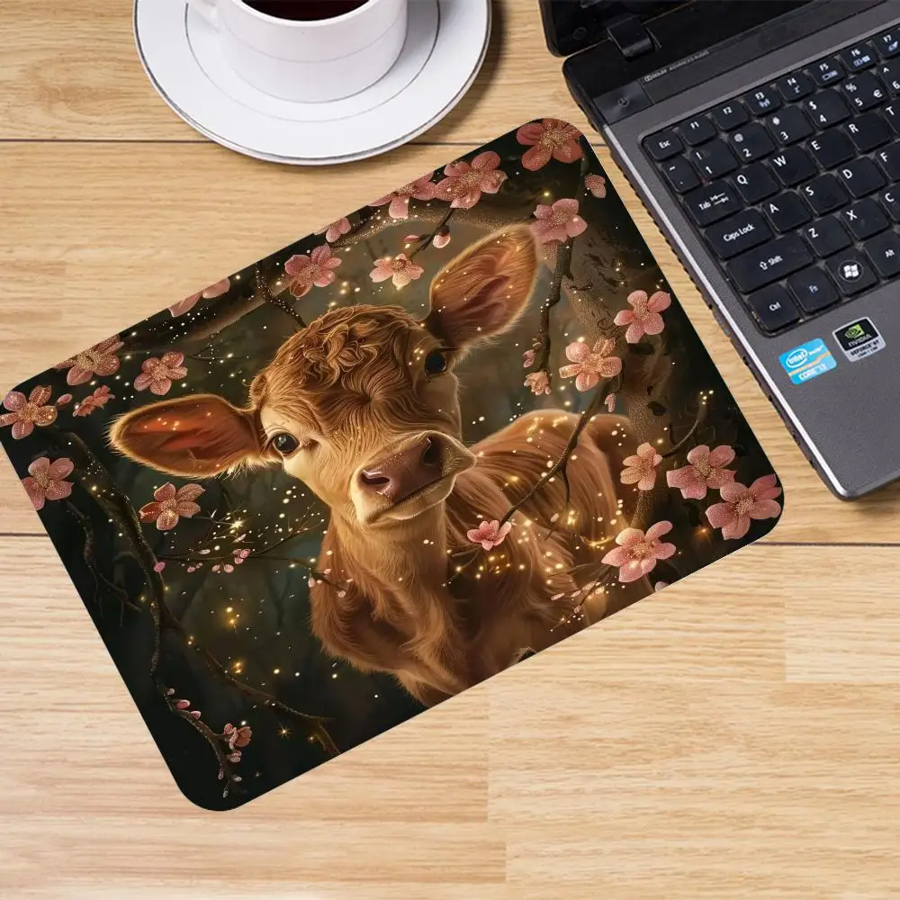 Mouse Pads For Office Desktop Games Dreamy Highland Cow Pink Blossom Glitter Star Dark Background Game Card Pad