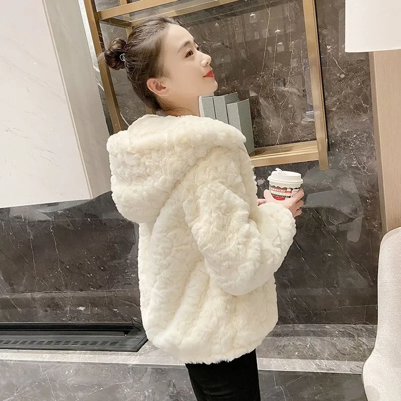 2026 New Thickened Imitation Rabbit Fur Jacket Women's Hooded Versatile Fashion Slim Mink Velvet Korean Version Short Coat