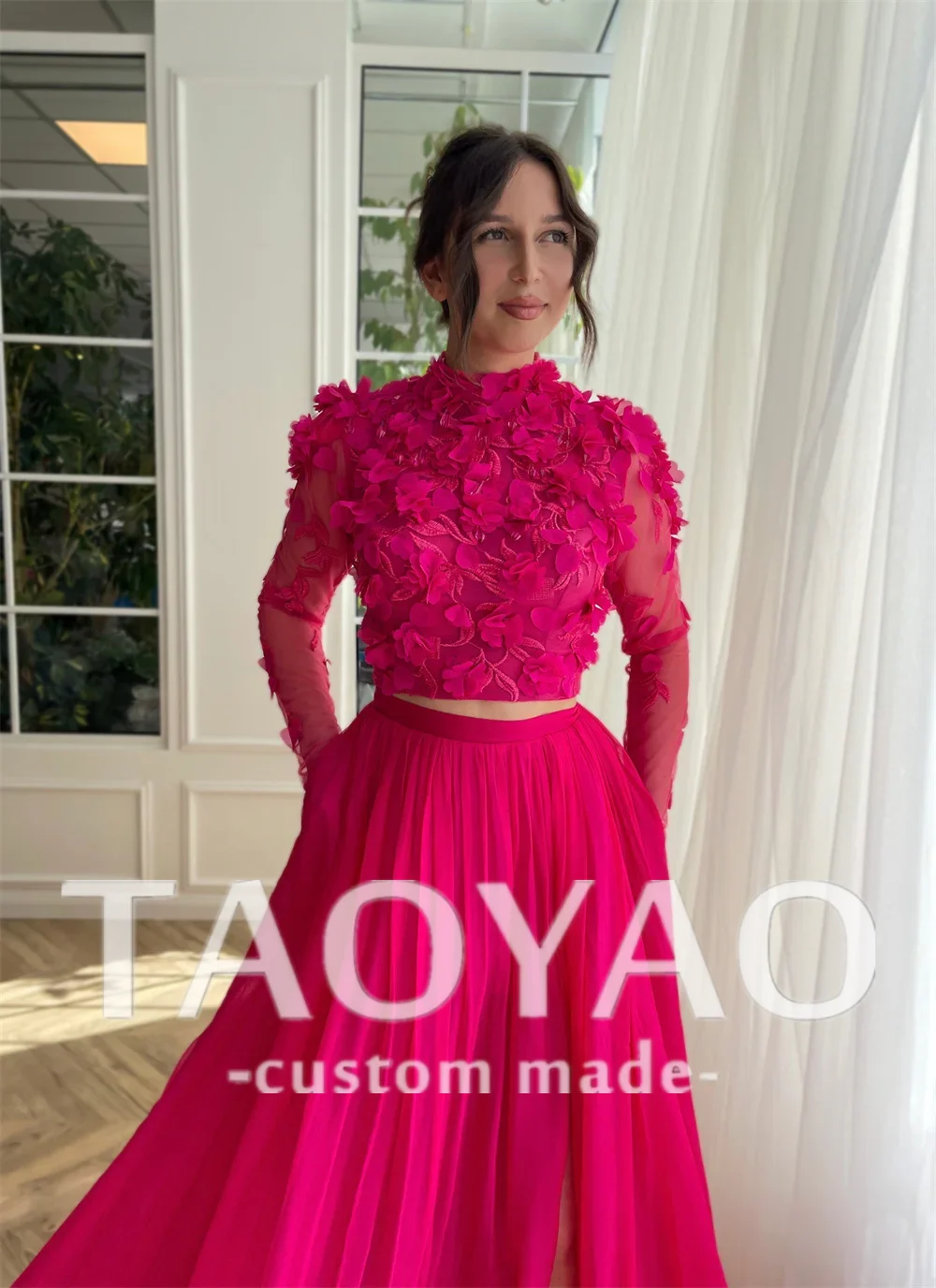 Hot Pink High Neck Chiffon Prom Dress Two Piece Set Evening Dress Long Sleeves فساتين مناسبة رسمية Flower A-line Prom Gown