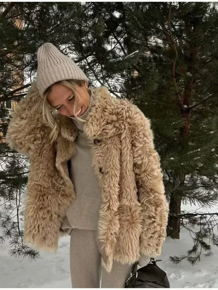 Chaqueta de mujer Otoño Invierno abrigo de lana de piel suelta de lujo de manga larga de cintura alta abrigo elegante para mujer prendas de vestir para mujer