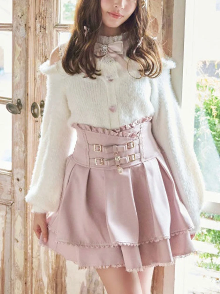 

Розовые юбки Kawaii Lolita, женский костюм 2024, милый японский корейский комплект из двух предметов, женский свитер с длинными рукавами + юбки с высокой талией