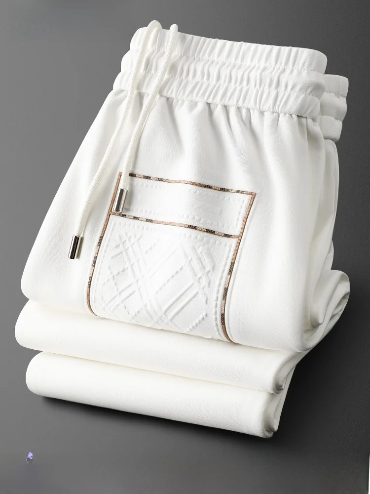 

Ele Autumn White Cuffed Sports Pants Men's Slim Fit Elastic Waist Casual Trousers Faionable Youthful Polyester Blend