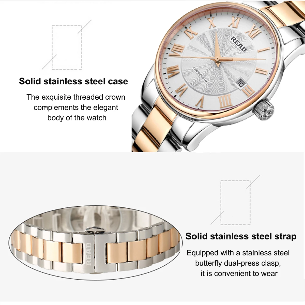 READ Men Automatic Watch | Two‑Tone Solid Steel Band | Roman Numeral Dial | Sapphire Glass | 50M Water Resistant