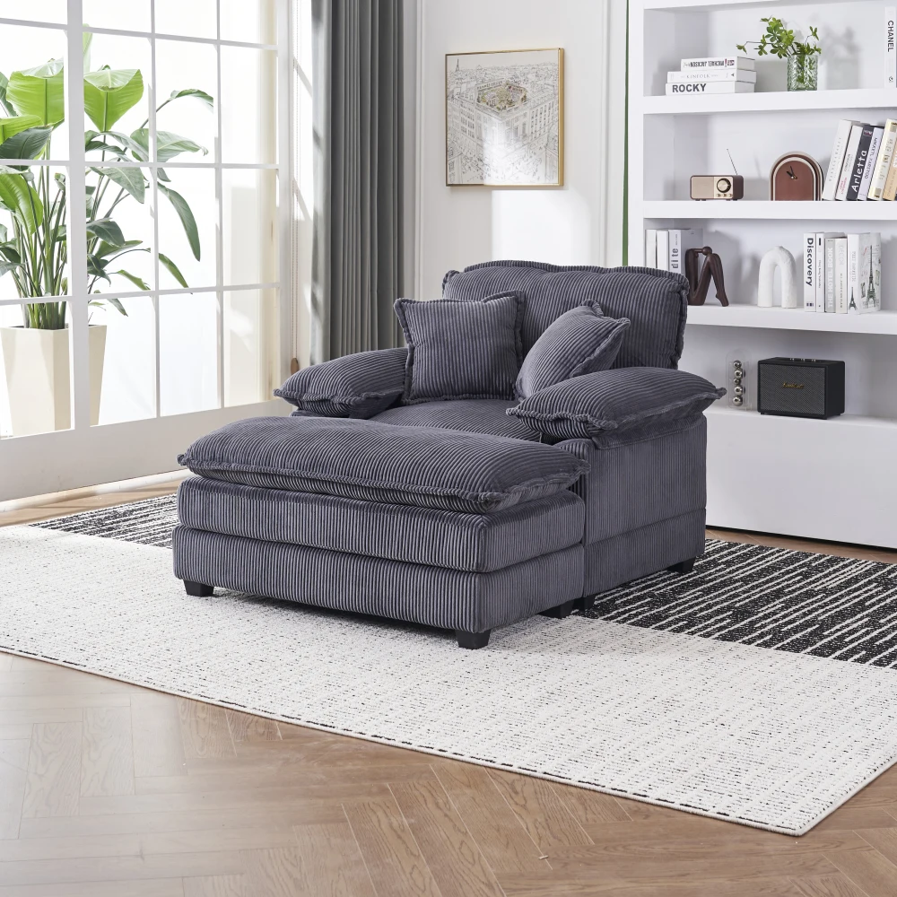 56.3 Inch Corduroy Single Sofa With 2 Toss Pillows And A Ottoman, Comfy Loveseat Sofa - Deep Seat Couch For Living Room Bedroom