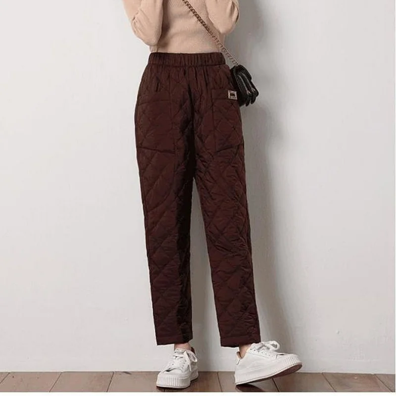 กางเกงขายาวผ้าฝ้ายหนานุ่มสำหรับฤดูใบไม้ร่วงและฤดูหนาว สไตล์เกาหลี เอวยางยืด ความยาวระดับข้อเท้า กันลม