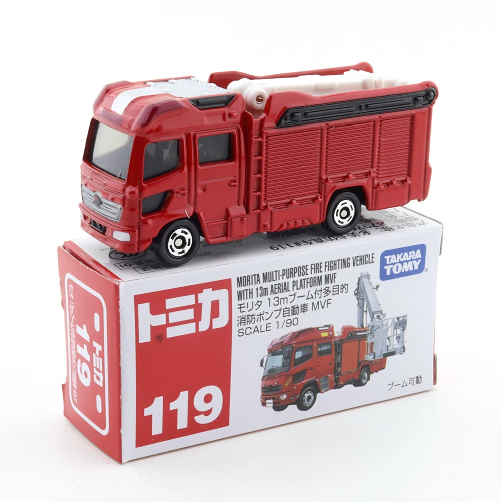 Takara Tomy Tomica No.119 Morita Multi Purpose Fire Fighting Vehicle White Aerial Platform Truck Model Kit 1:90 Diecast Car Toy