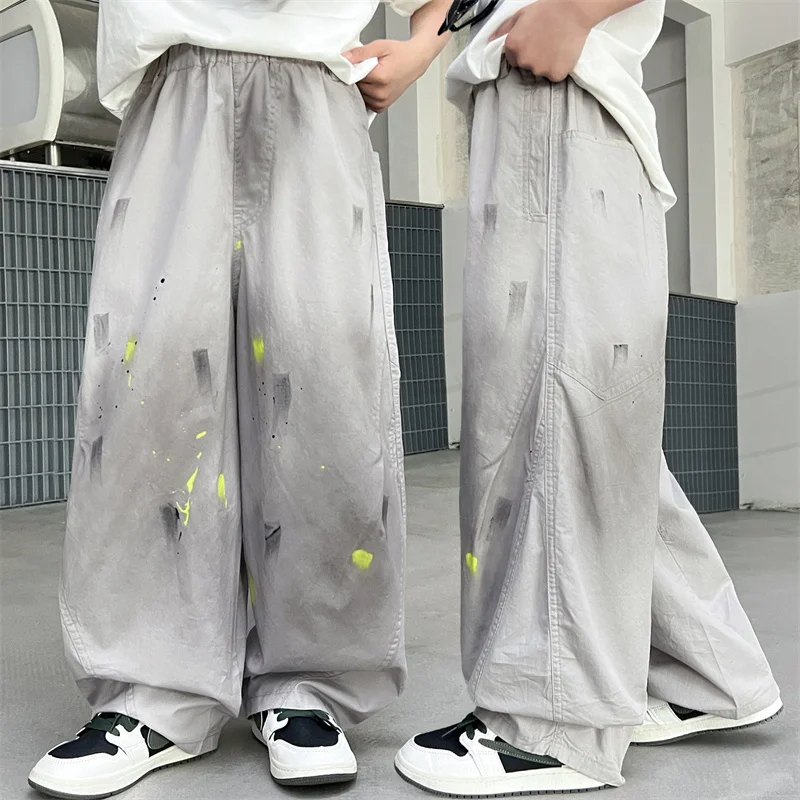 2026 Children's Summer New Arrival Boys Pants Middle Large Size Korean Style Teen Trendy Spray Dirty Washed Vintage Casual Pants