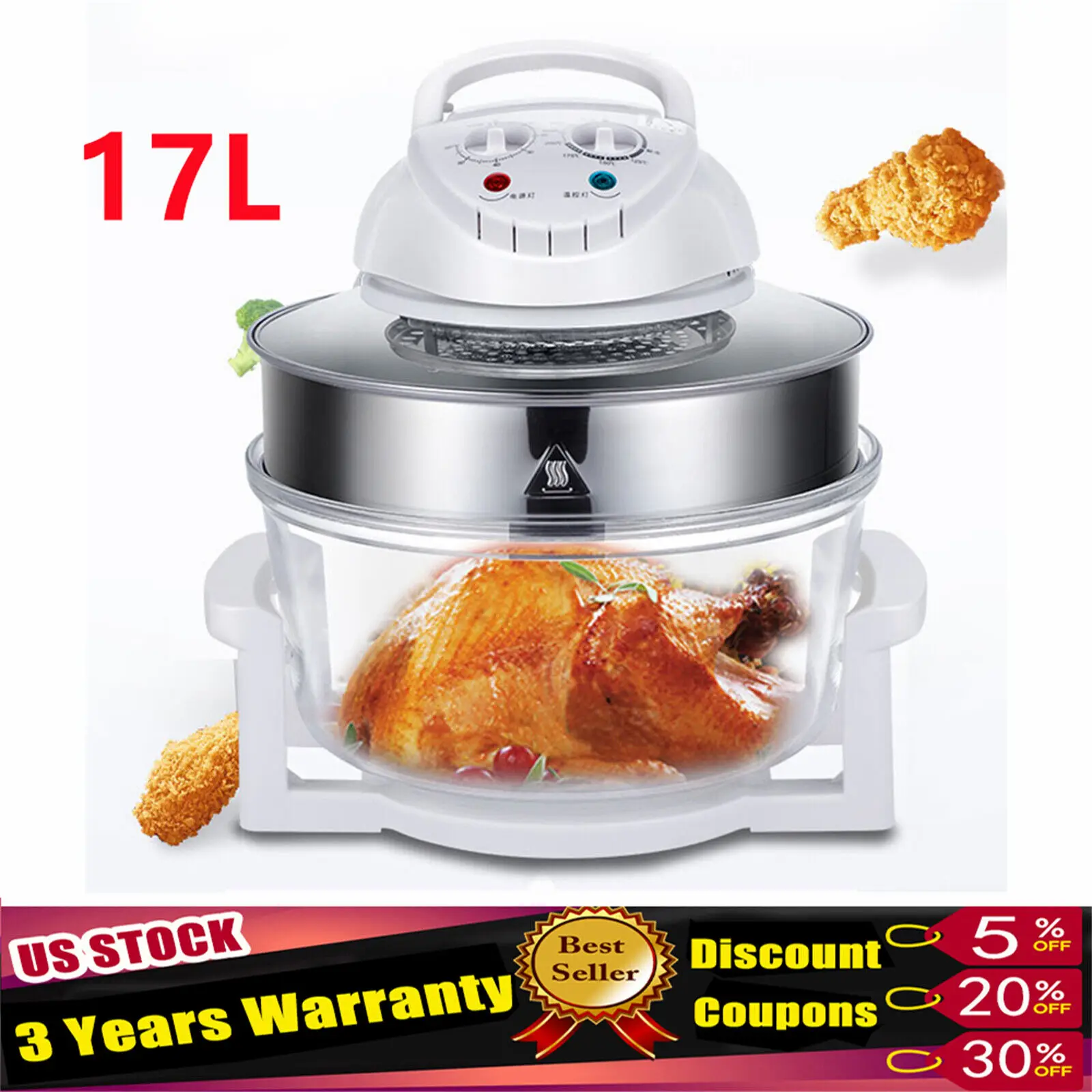 

12L Air Fryer Glass Infrared Convection Oven Roaster Glass 360 Heating Cooker