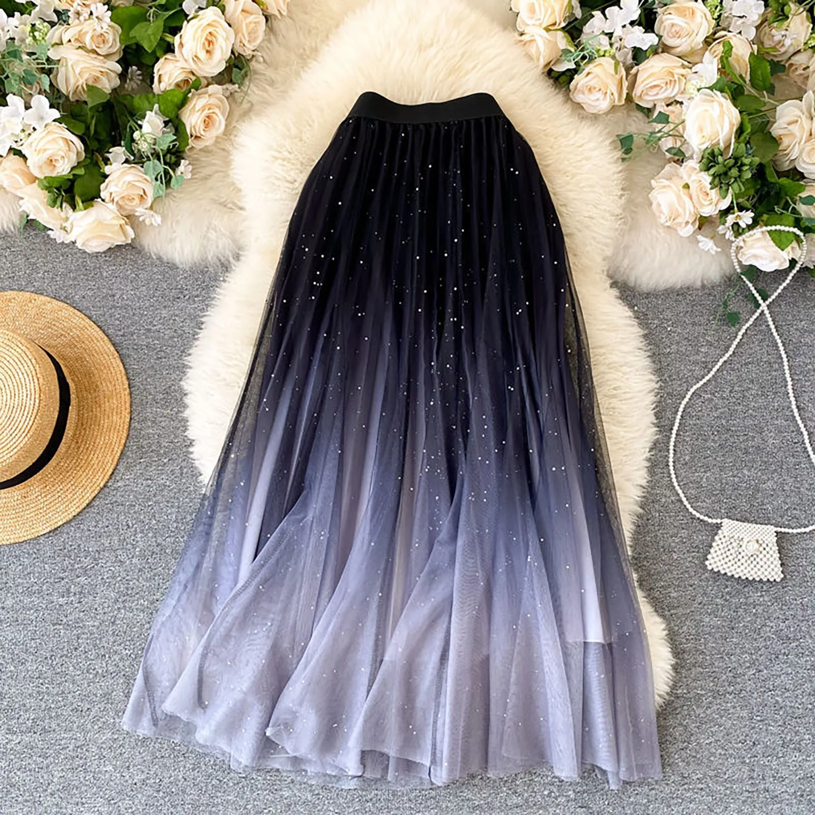 

Elegant Gradient Color Mesh Skirt Women's Fairy Tulle Long Maxi Skirt High Waist Starry Sky A Line Pleated Dancewear Skirt