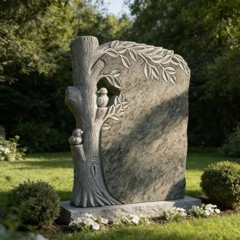tomb stones Custom Natural Granite Tree Bird Carved Tombstone Headstone for Cemetery Memorial with Various Stone Colors Availabl
