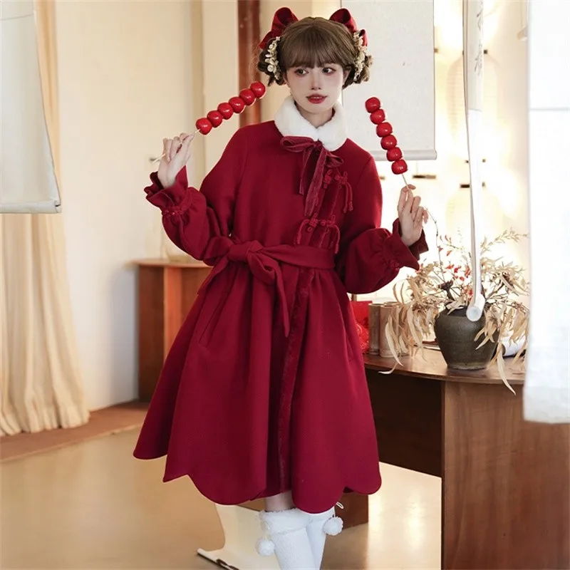 

Chinese Style New Year Red Coat Winter Thickened Petal Skirt Hem Coat With Belt And Fur Collar