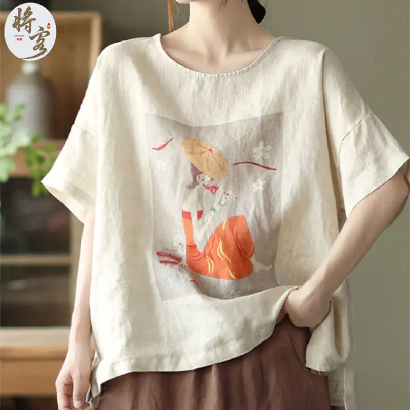 Women Summer Elegant Loose Printing Fashion Cotton and Linen O-neck Short Sleeve T-Shirt Women Clothes Trend All-match Thin Tops