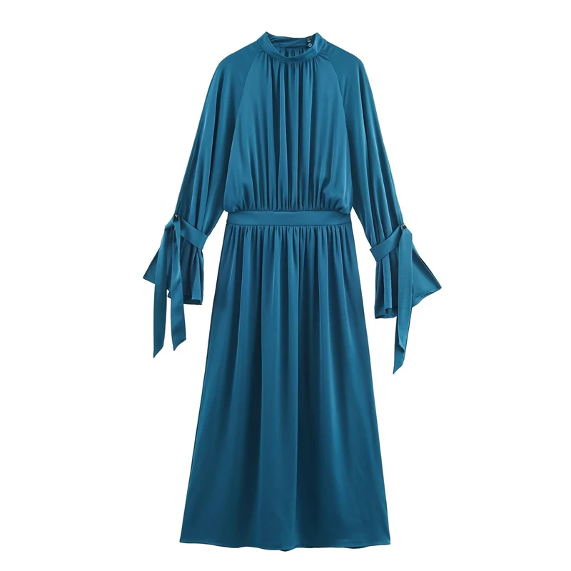 Damen-Maxikleid mit Stehkragen und langen Ärmeln, blaugrünes, plissiertes, elegantes Abendkleid aus Satin mit Bündchen