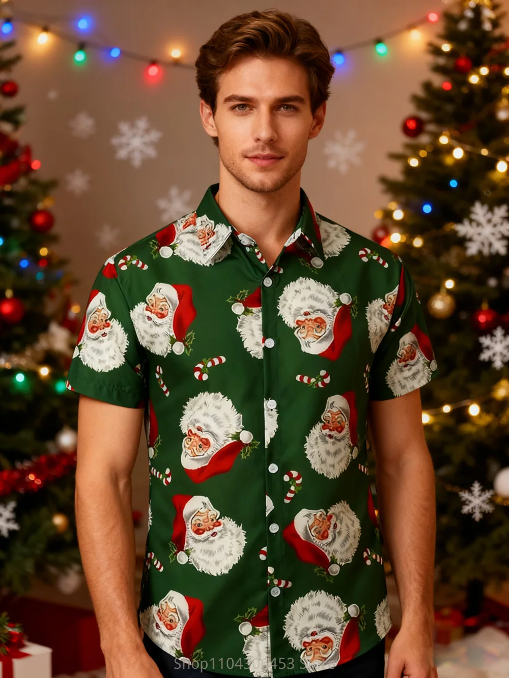 

Men's Christmas Santa Claus New Year Gift Festive Shirt Beach Vacation Casual Party Travel Outdoor Short Sleeve Lapel Top Shirt
