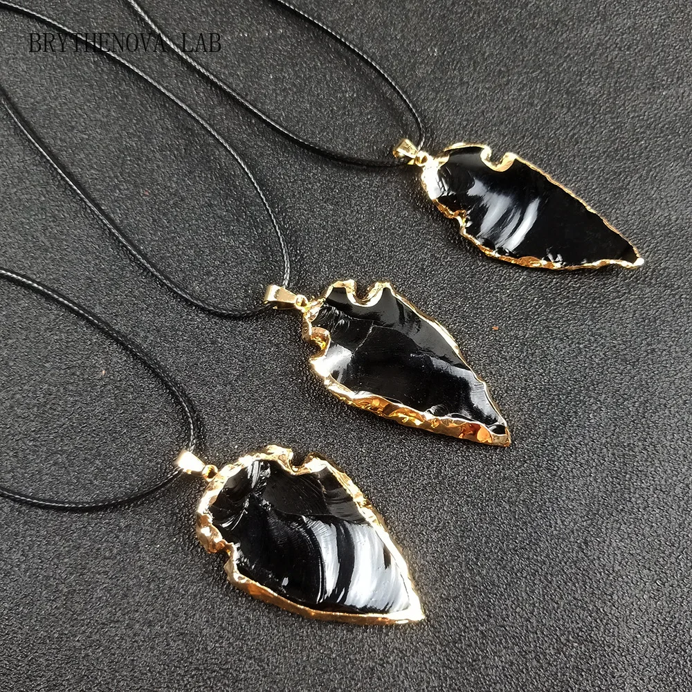 Natural Black Obsidian Arrow Shaped Crystals Pendant Golden Edge Plated Raw Crystal Healing Irregular Arrow Head Amulet Necklace