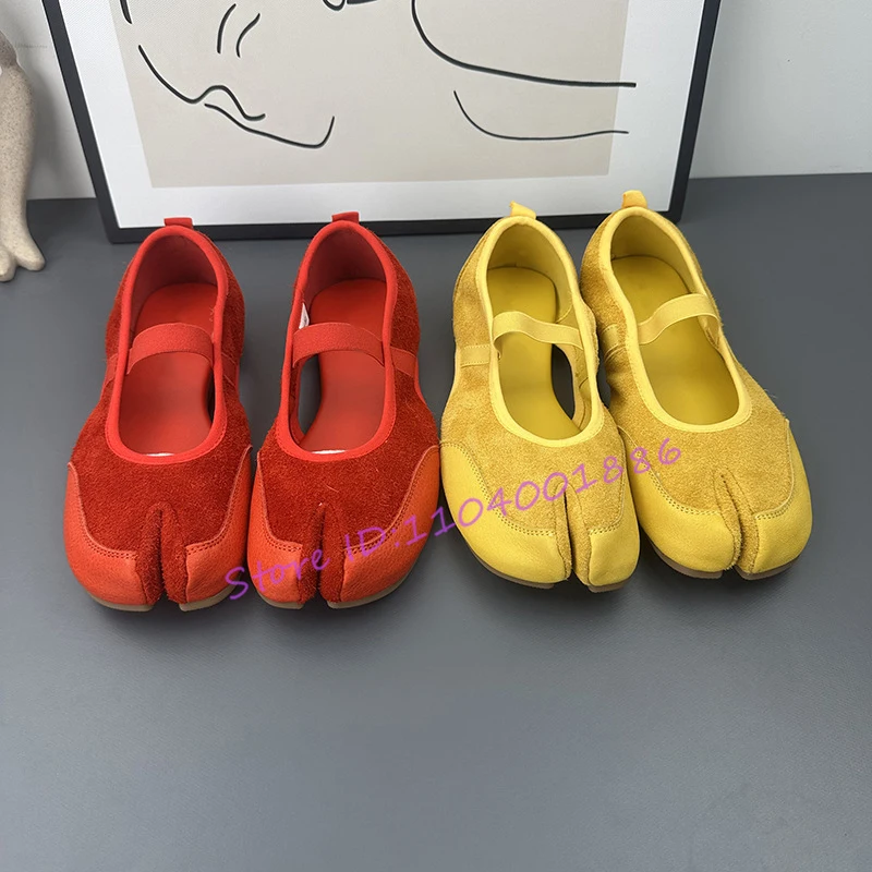 Split Toe Shallow Flat Casual Shoes for Women Summer New Red Yellow Round Toe Mary Jane Shoes Patchwork Comfortable Female Pumps