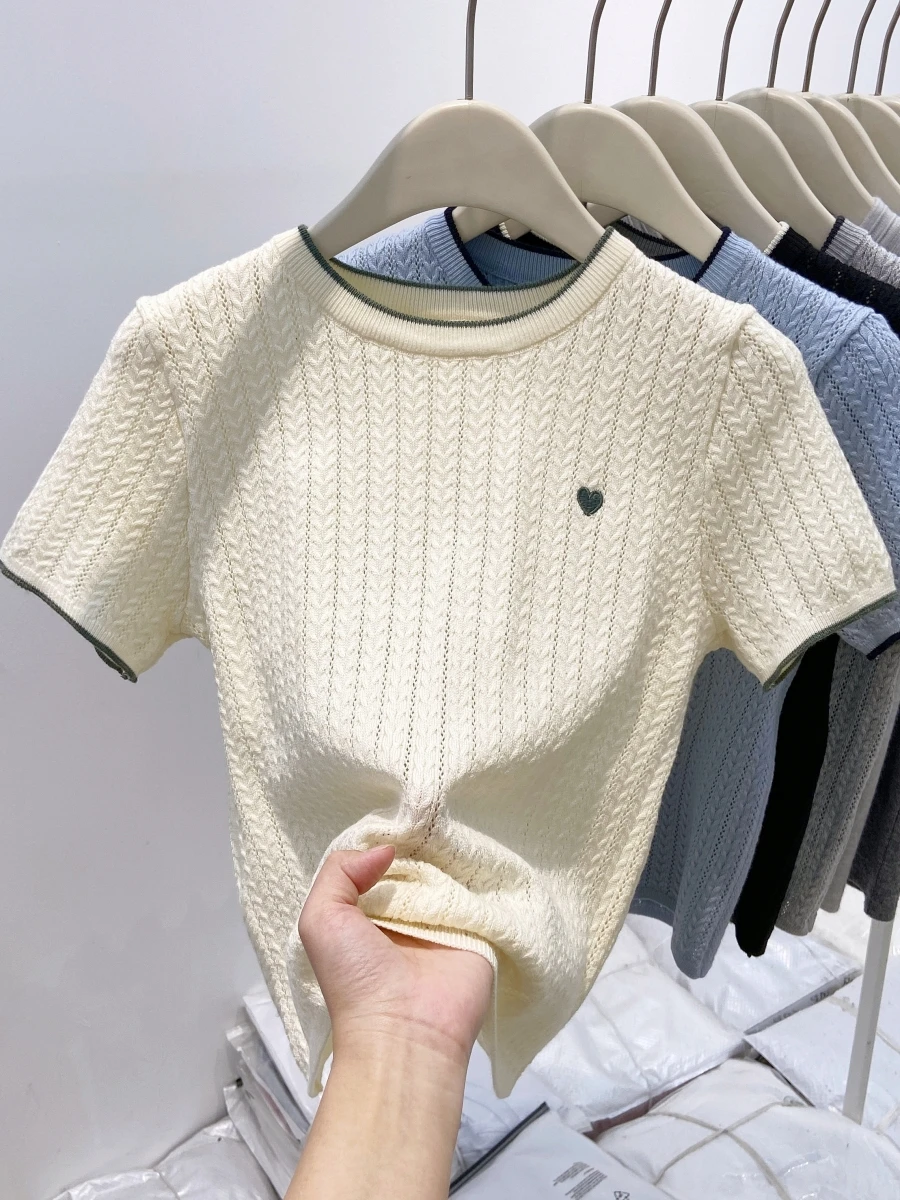 

Summer New Women's Short Sleeve Knitted T-Shirt Embroidered Base Shirt Inner Wear Casual Style Slim Fit round Neck Short Length