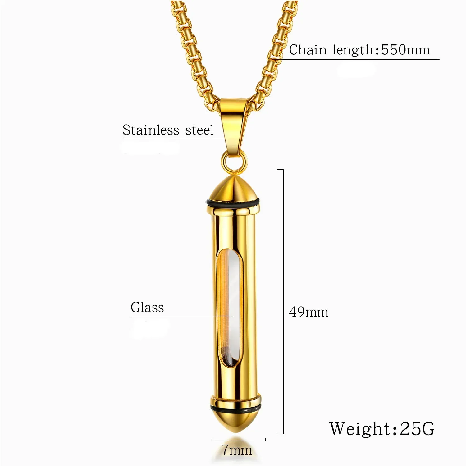 Gold Color Glass Cylindrical Pendant Open Ashes Men\'s Necklace Cremation Urn Stainless Steel Necklaces Jewelry