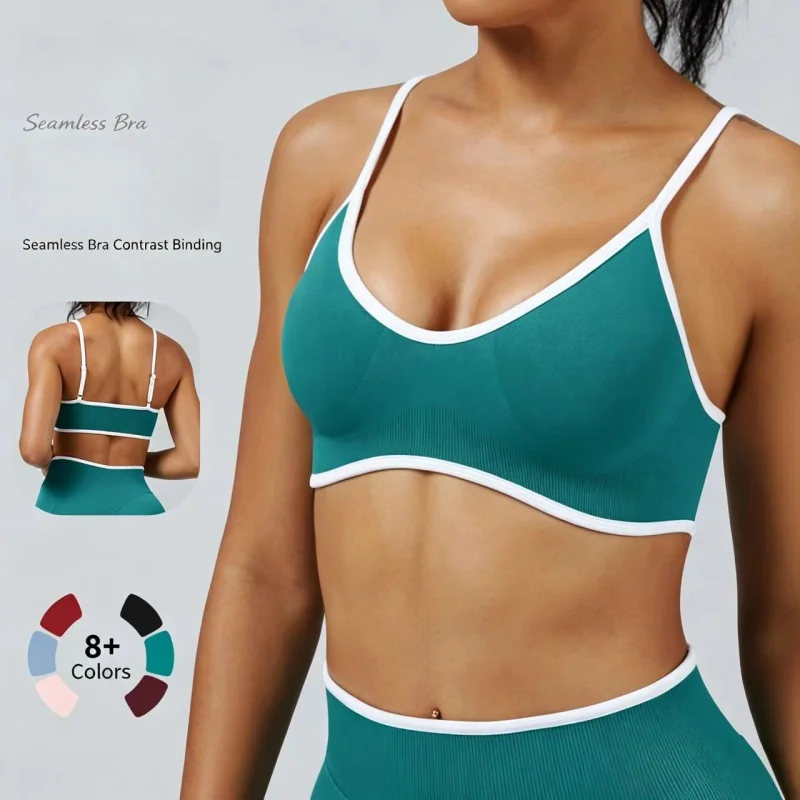 Nahtloser, gerippter Sport-BH für Damen, mit kontrastierenden, dünnen Trägern, ohne Bügel, weiche Unterstützung, atmungsaktives Yoga-Top für das Fitnessstudio und den täglichen Gebrauch. – Detail 2