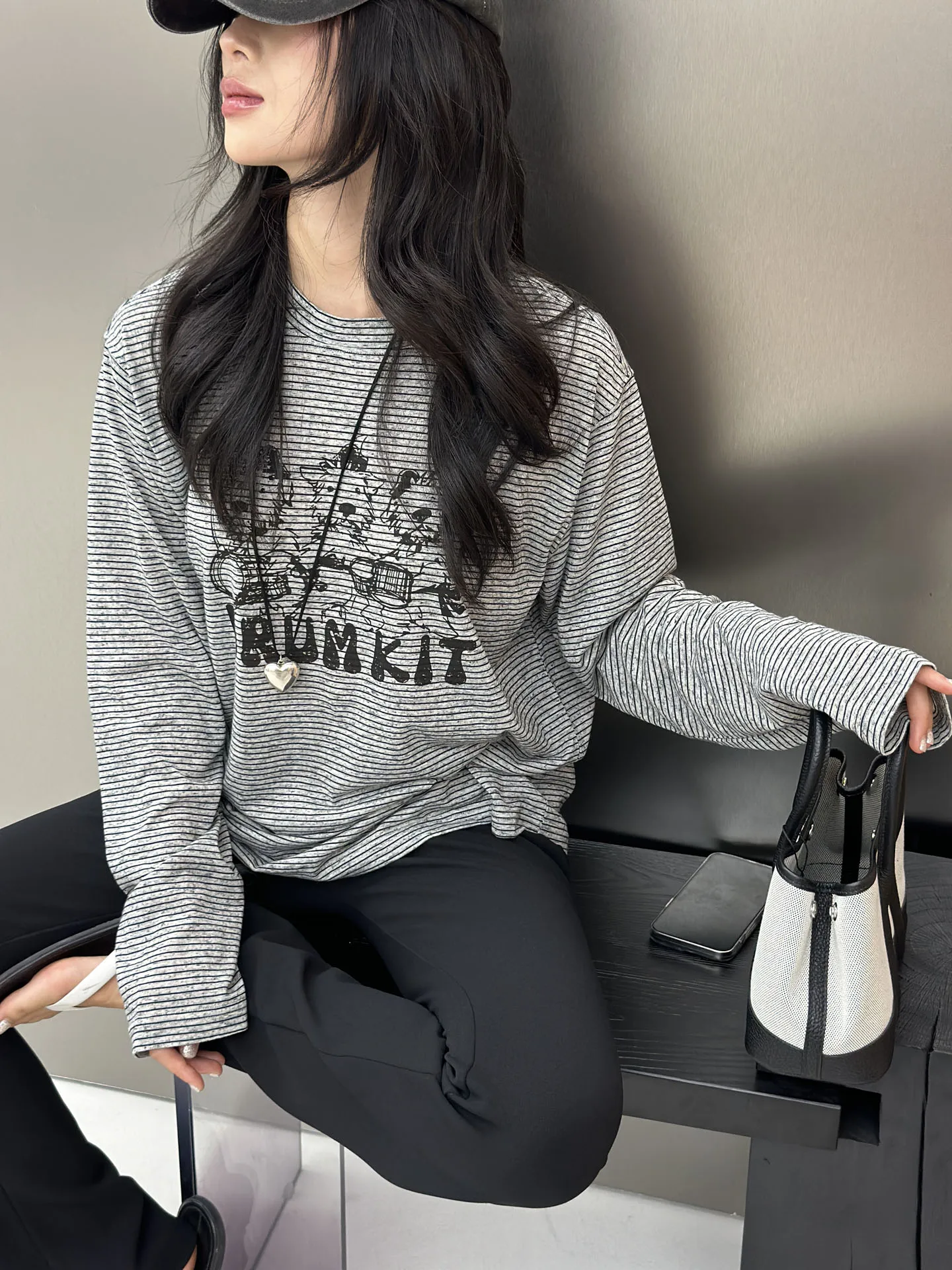 

Simple Stripe Women's T-irt Tee-Piece Series 2025 Autumn New Versatile Cotton Sweatirt round Ne Long Sve Loose Fit