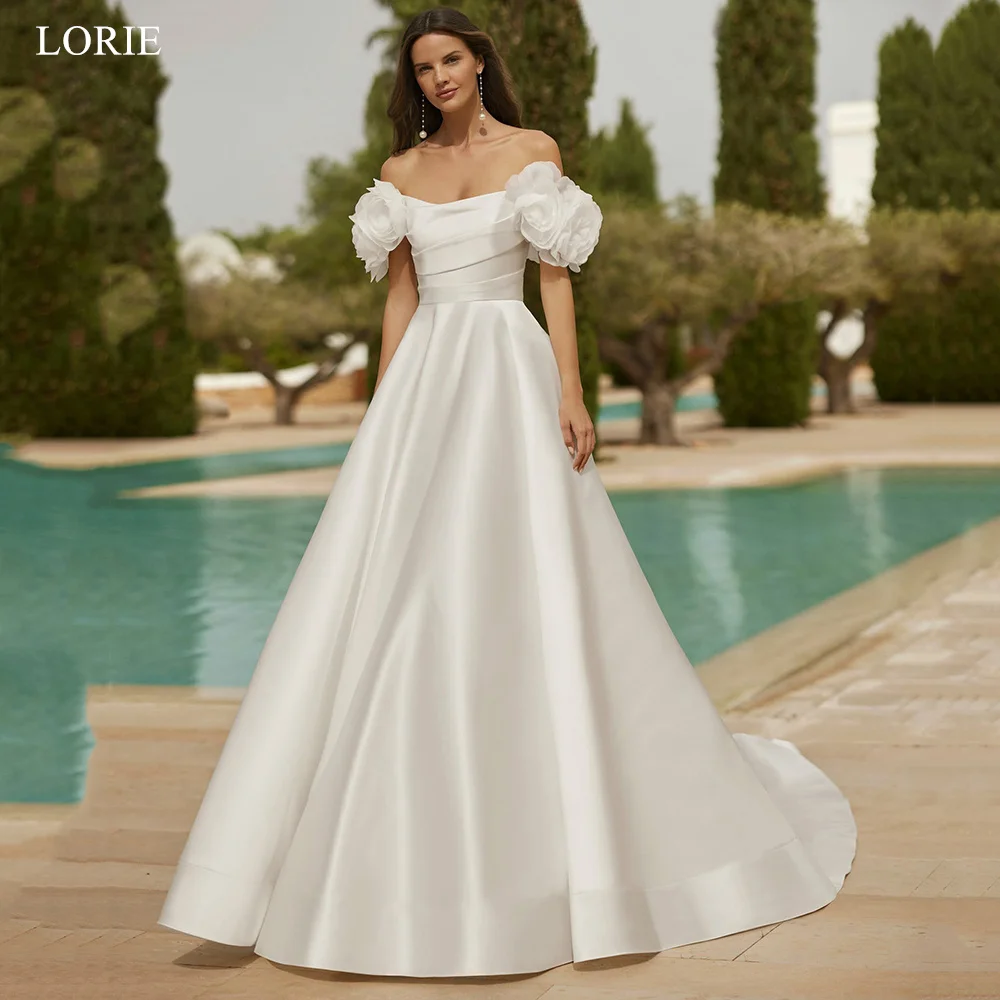 

LORIE Chic Satin Wedding Dresses Flowers Off The Shoulder Draped A-Line Bride Prom Gown Floor-Length Bridal Gowns Customized