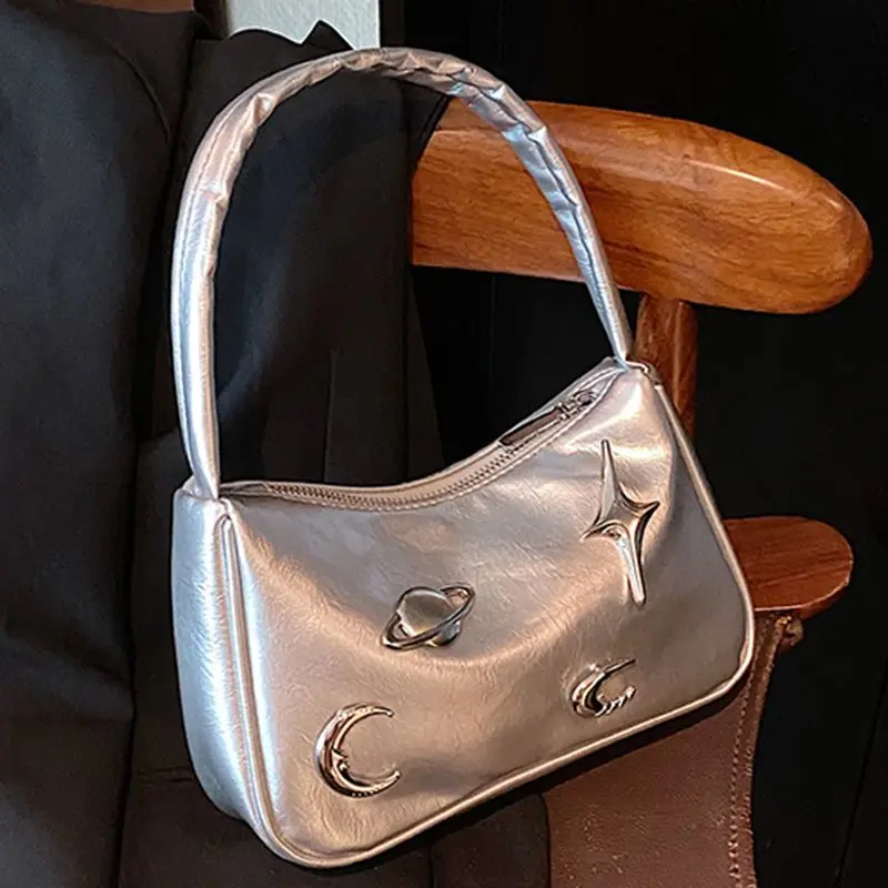 New Trendy Planet Shoulder Bags for Women 2024 Offcie Lady Cool Silver Underarm Bag Solid Simple Subculture PU Hand Bag Bolsa