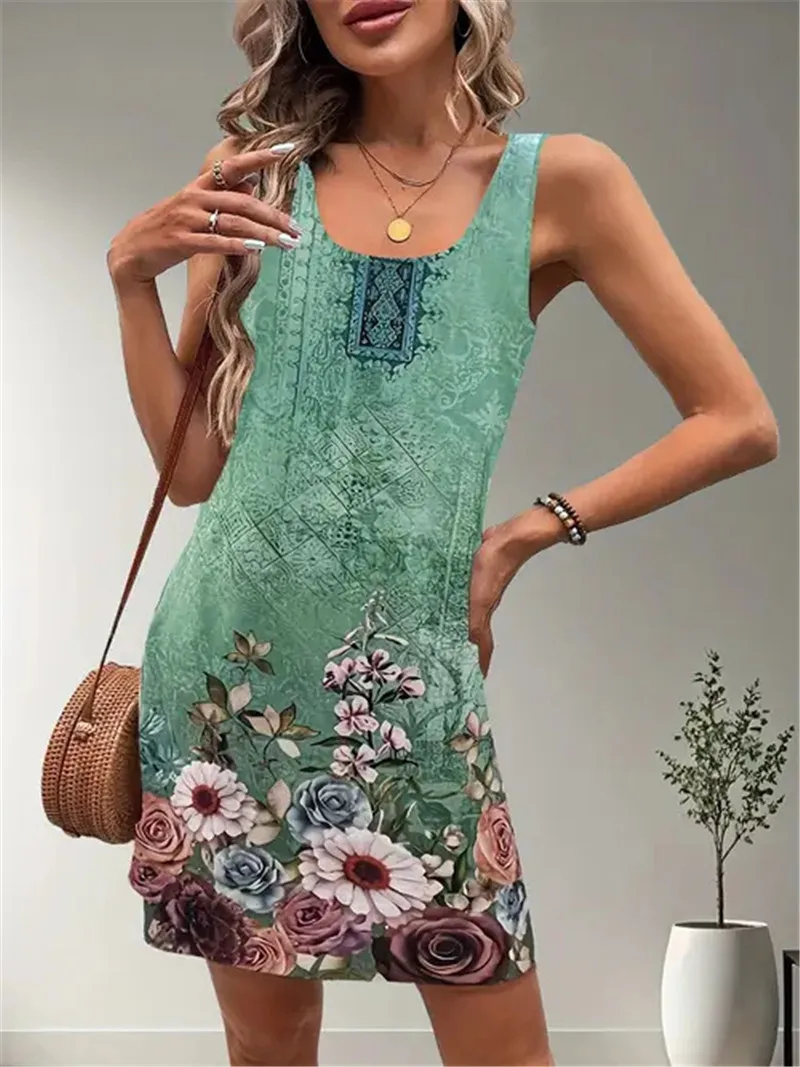 

Retro Style Women Floral Pattern Mini Dresses Summer Sleeveless 3d Printed Street Ladies Dress 3XL Plus Size Loose Casual Dress