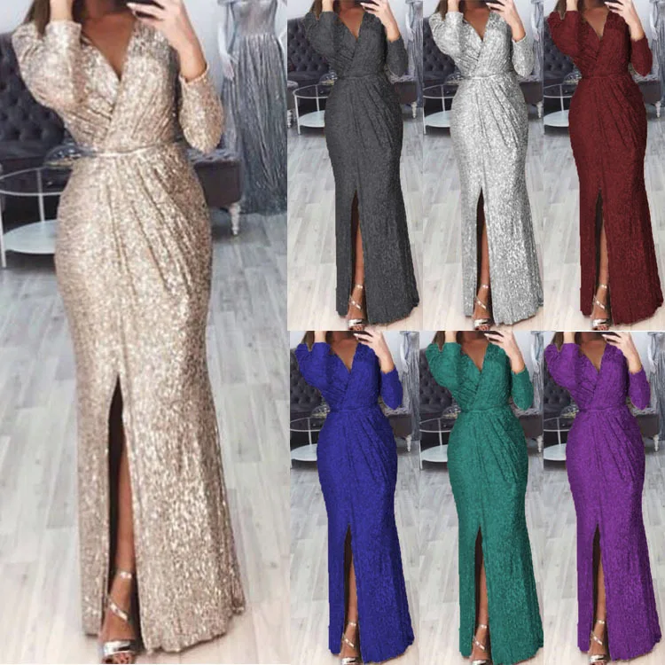 Elegant Women V Neck Long Sleeve Party Long Dress Autumn Winter Fashion Sequin Waist Sexy High Split Casual Slim Maxi Dresses