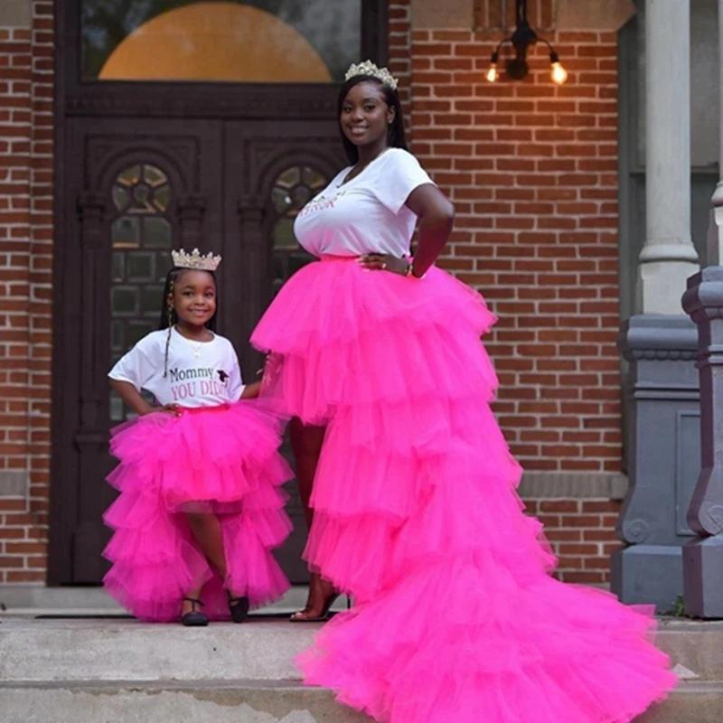 Hot Pink Mom And Me High Low Tulle Skirts  Tiered Fuchsia Mother And Daughter Birthday Skirt  For photo Shoots Custom Made