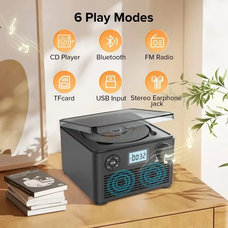 

Портативный CD-плеер в ретро-стиле для домашнего использования с Bluetooth, динамиками и функцией Bluetooth, компактный перезаряжаемый CD-плеер