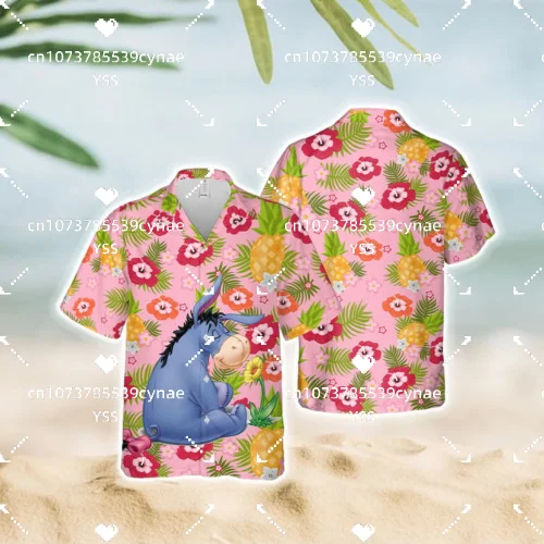 2023 Disney Eeyore Hawaiian Shirt Eeyore Donkey Palm Tree Beach Short Sleeve Hawaiian Shirt Men's and Women's T-shirt