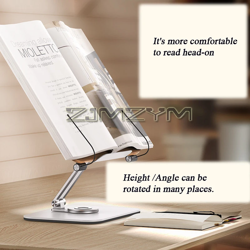 Alumínio Alloy Desktop Reading Rack, Rotatable e ajustável, Laptop Stand, Study Book Holder, 360 Graus