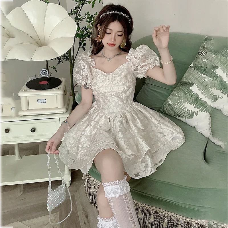 

Fairy Princess Elegant Women Dress Short Sleeve Vintage Lolita Kawaii New Korean Fashion Y2K Girls Sweet Mini Summer Dress 2022