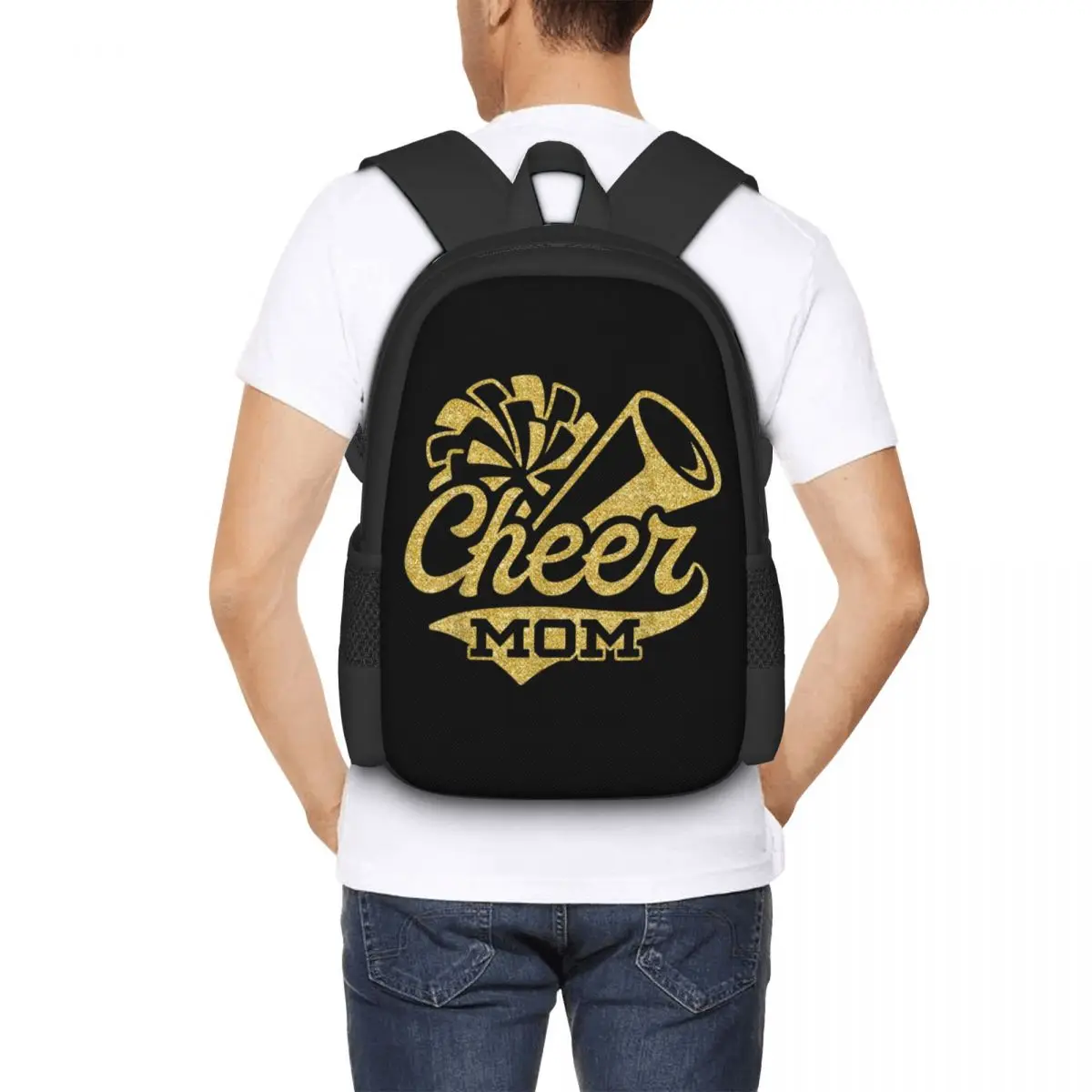 Cheer Mom Biggest Fan Cheerleader Black Yellow Gol  Collaboration Backpack Large Capacity Cute Foldable 3d Printing