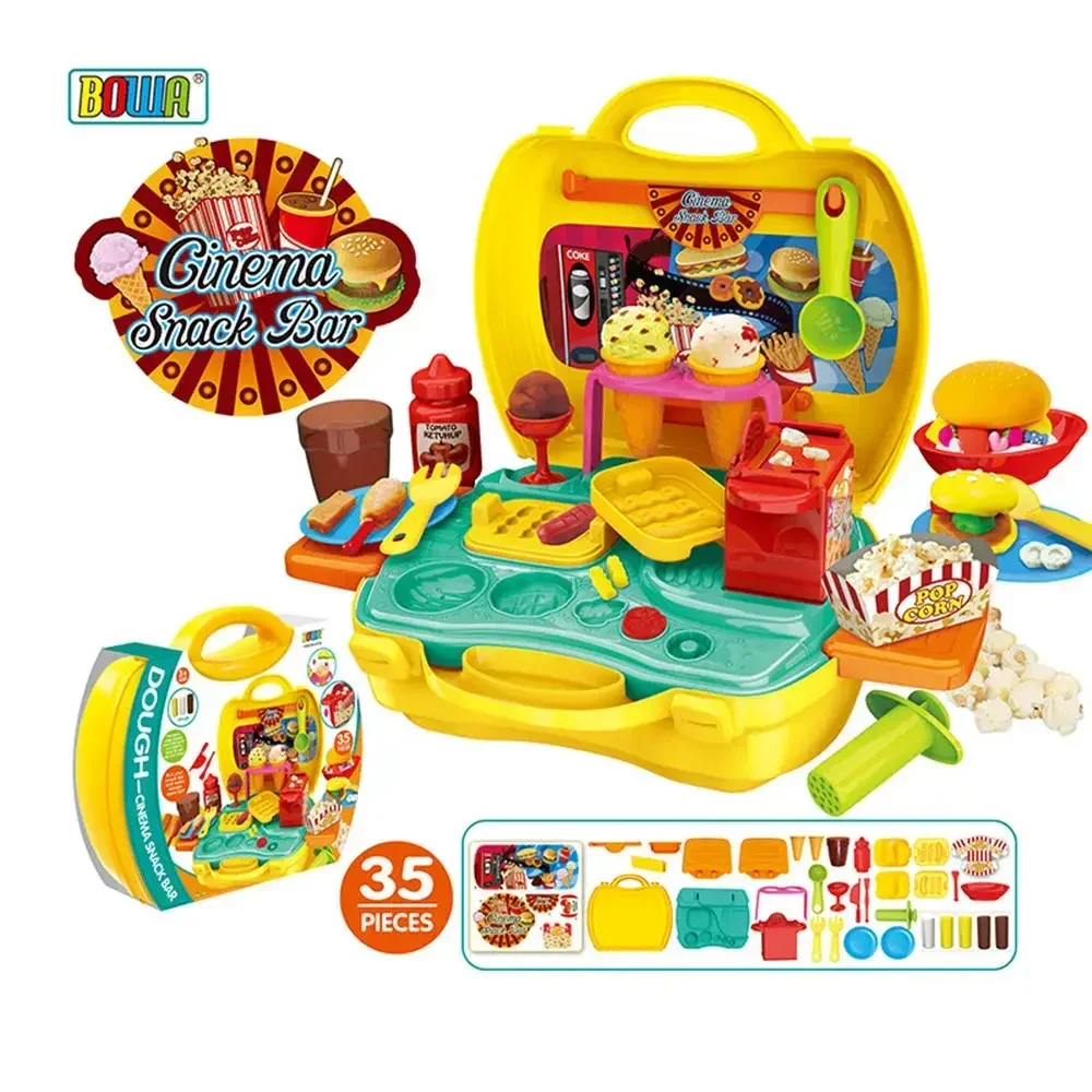 [Funny] Play house toy 35pcs/set Child simulation fun cook kitchen toy food pizza , Cinema snack bar , BBQ toolkit suitcase toys