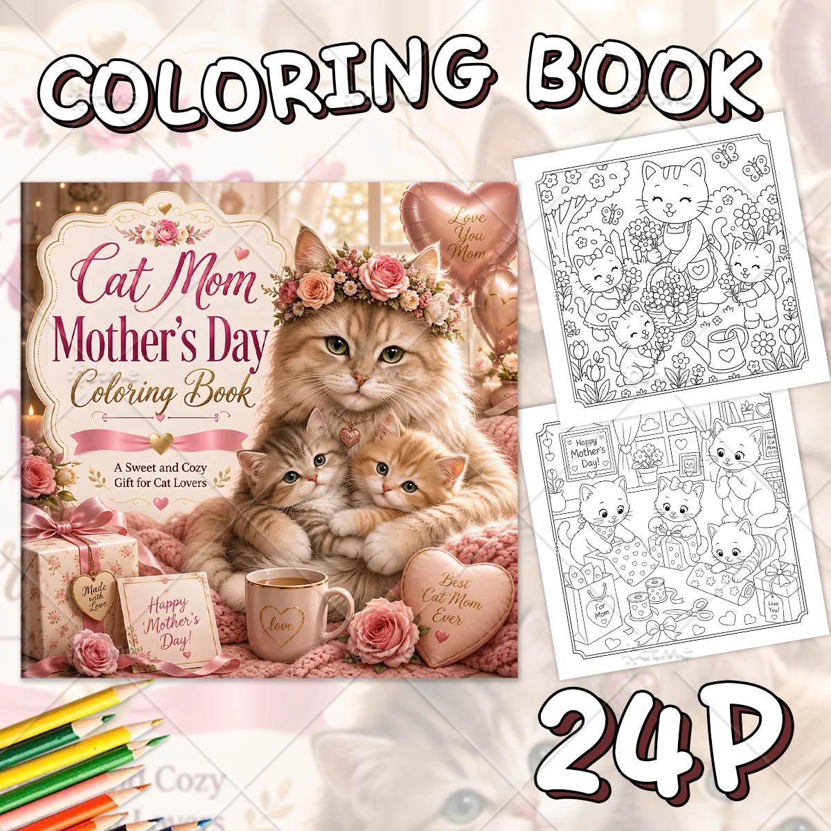 Cat Mom Mother’s Day Bold-easy Patterns Coloring Book for Adults Cute Drawing Book Perfect Gift for Party and Birthday