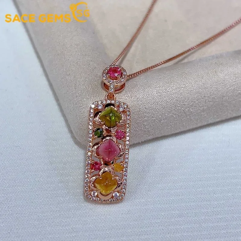 

SACE GEMS Luxury 925 Sterling Silver Certified 5*5MM Natual Tourmaline Pendant Necklace for Women Cocktail Party Fine Jewelry