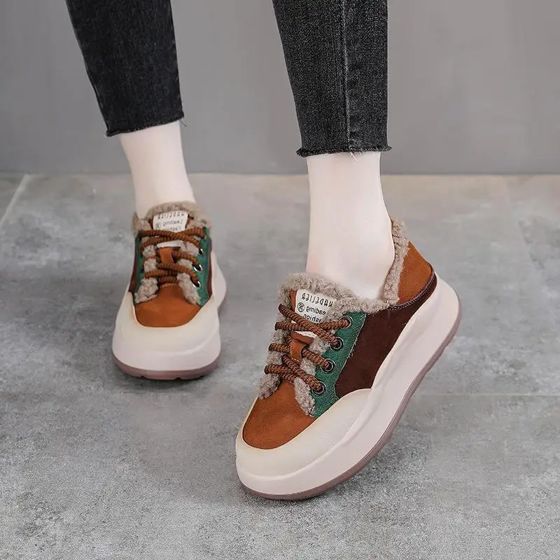

Warm Fleece Lined Thick Bottom Snow Boots Retro Color Block Casual Shoes Comfortable Leather Shoes for Daily Wear