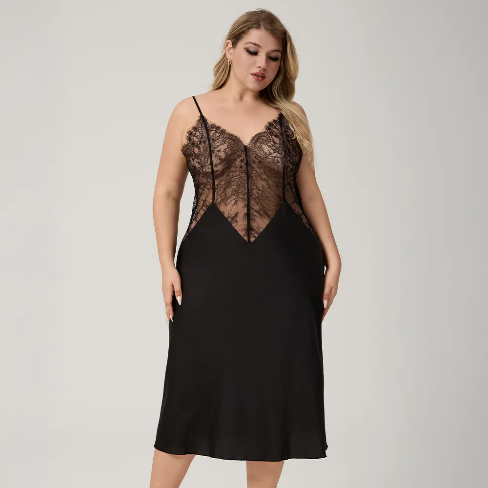 

Plus Size Black Lace Patchwork Satin Pyjamas Female Summer Nightgown Homewear Summer Lingerie Loose Senior
