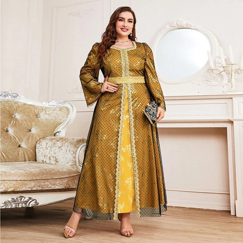 

Women Plus Size Maxi Dresses 2024 New Autumn Luxury Elegant Long Sleeve Mesh Muslim Turkish Evening Party Clothing Abaya Kaftan