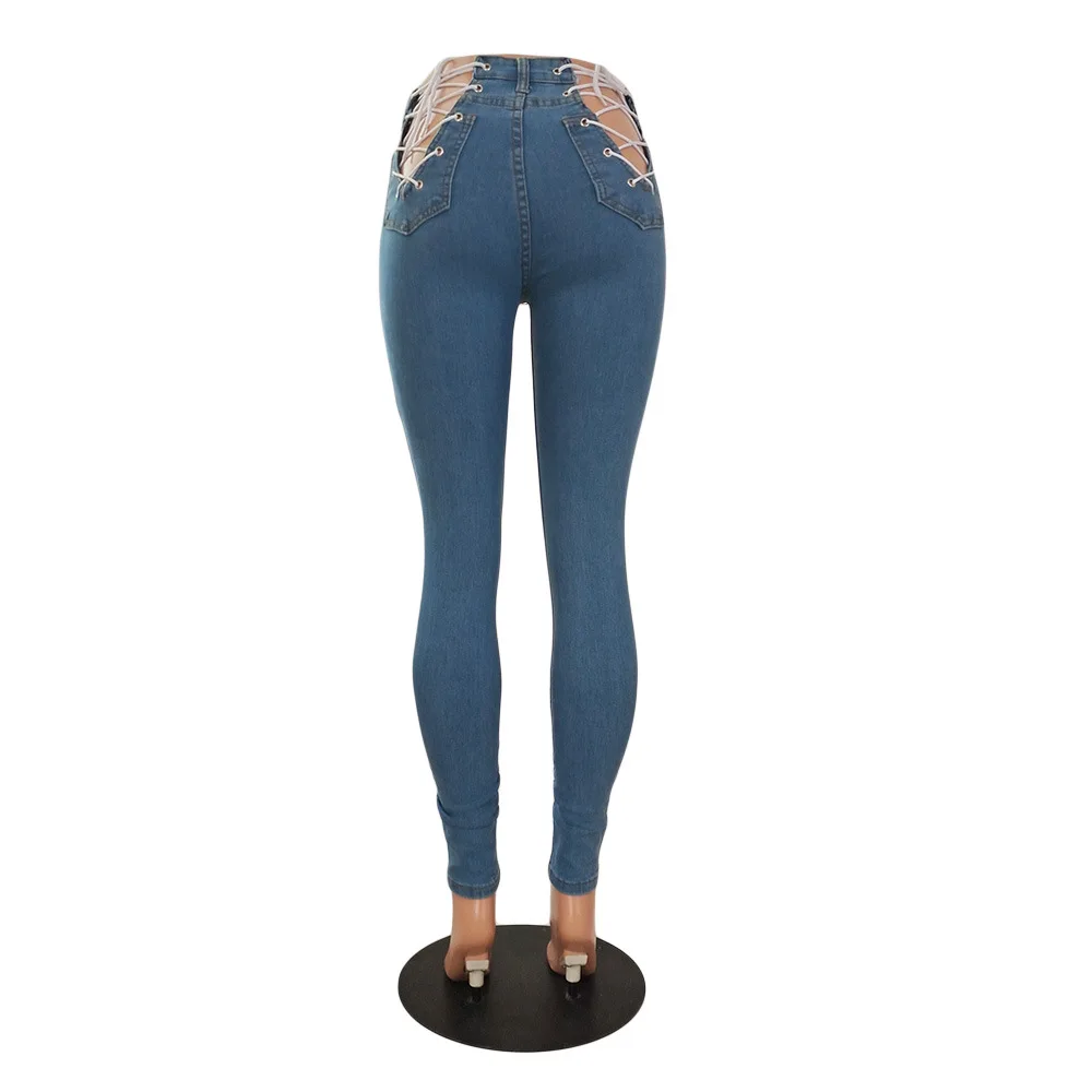 Sexy Buttock Lace Up Blue Ripped Skinny Indie Jeans Street Women Push Up Butt Bandage Distressed Denim Pencil Pant