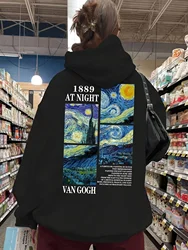 4042 Women Van Gogh Starry Night Print Hoodie Casual Long Sleeve Pullover with Pocket Polyester Knit Sweatshirt for Winter Fashi