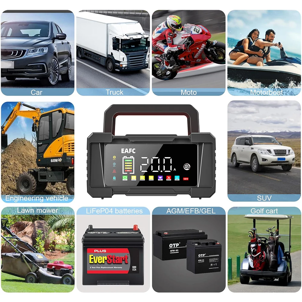 EAFC 12V/24 20A/10A Upgraded Car Battery Charger Fully Automatic Battery Charger 7 Charge Stages For Gel AGM LiFePO4 Etc - view 5