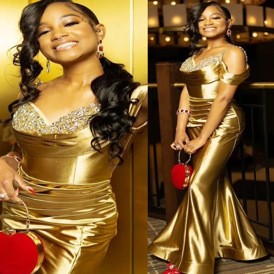 

Customized Fashion Mermaid Crystal Beaded Prom Dress Sexy Off Rotator Sleeve Birthday Party Official Engagement Evening Dress