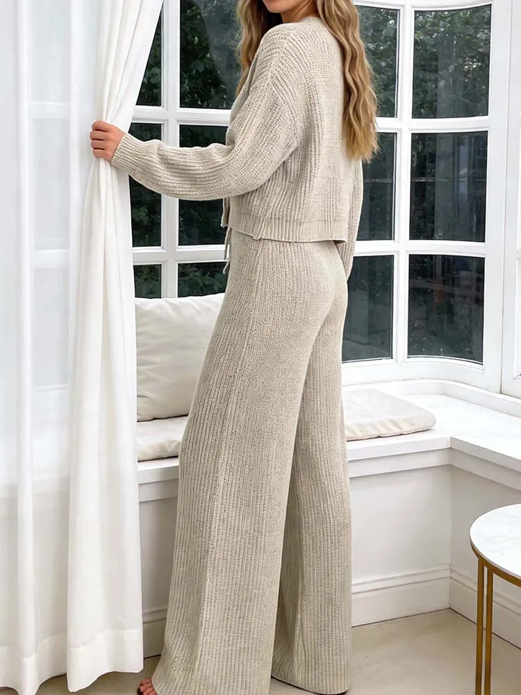 レディース秋冬ゆったりカジュアル万能ルーズウールオープン トップスとウールパンツのツーピースセット