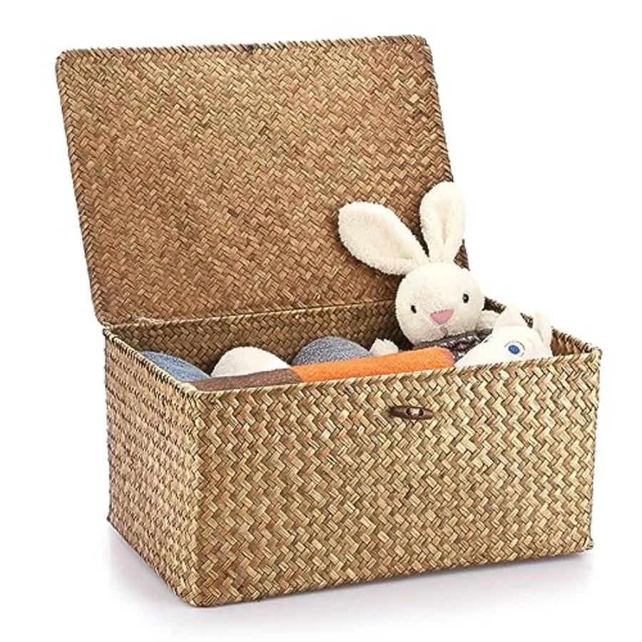 

Wicker Shelf Baskets Bin with Lid, Handwoven Seagrass Basket Storage Bins Rectangular Household Basket Boxes for Shelf Wardrobe
